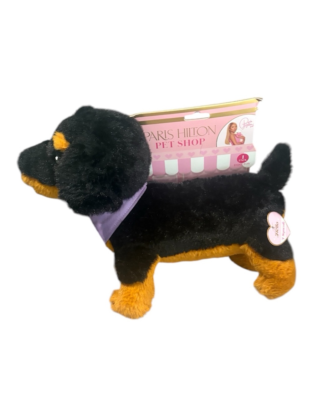 Paris Hilton Black & Tan Plush Dachshund w/Lavender Bandana Dog Toy w/Squeaker